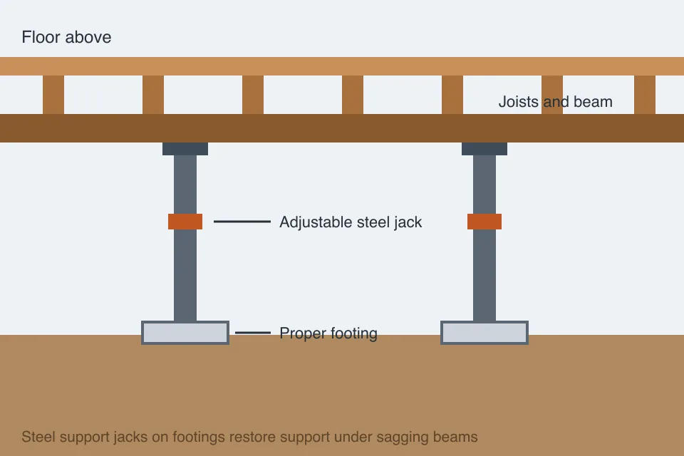 Illustration of steel support jacks under floor joists in a crawl space