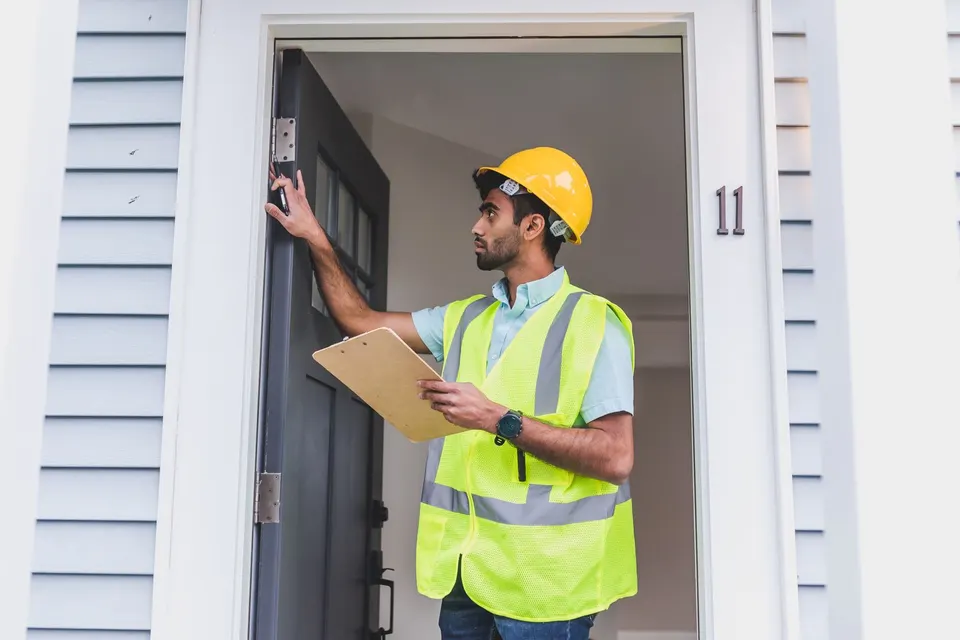 Home inspector checking a door frame for alignment