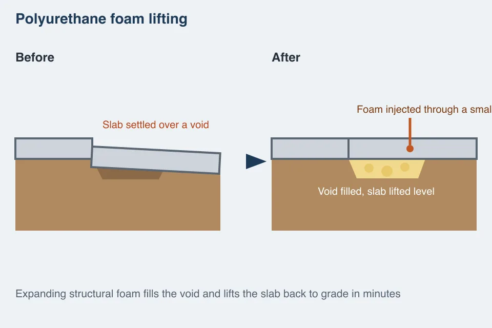 Diagram of polyurethane foam lifting a settled concrete slab