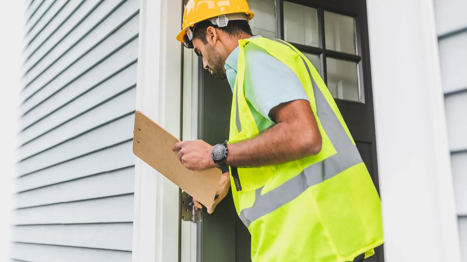 Property inspector with a clipboard outside a home