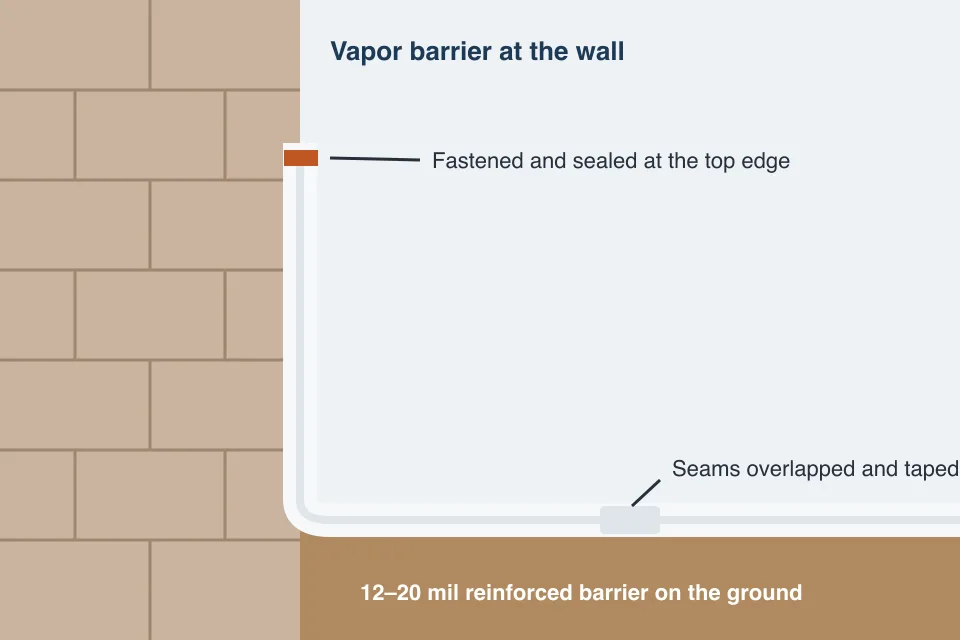 Illustration of vapor barrier sheeting sealed along a crawl space wall